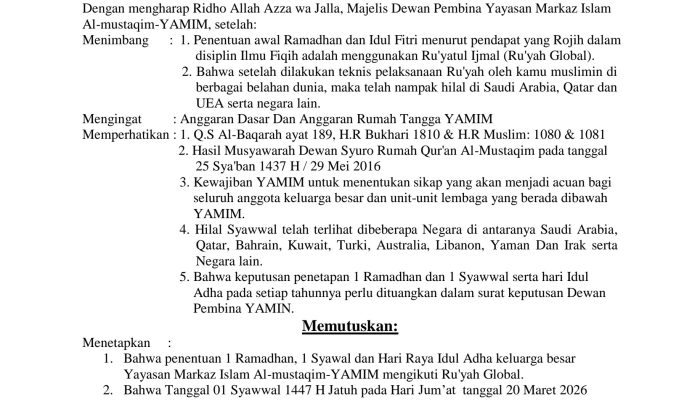 Surat Keputusan Markaz Islam Al-mustaqim-YAMIM Dalam Penetapan IDUL FITRI 1447 H